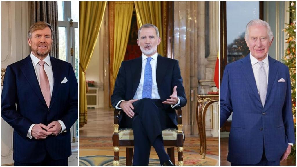 Guillermo de Holanda, Felipe VI y Carlos III de Inglaterra, en un montaje de EL ESPAÑOL.