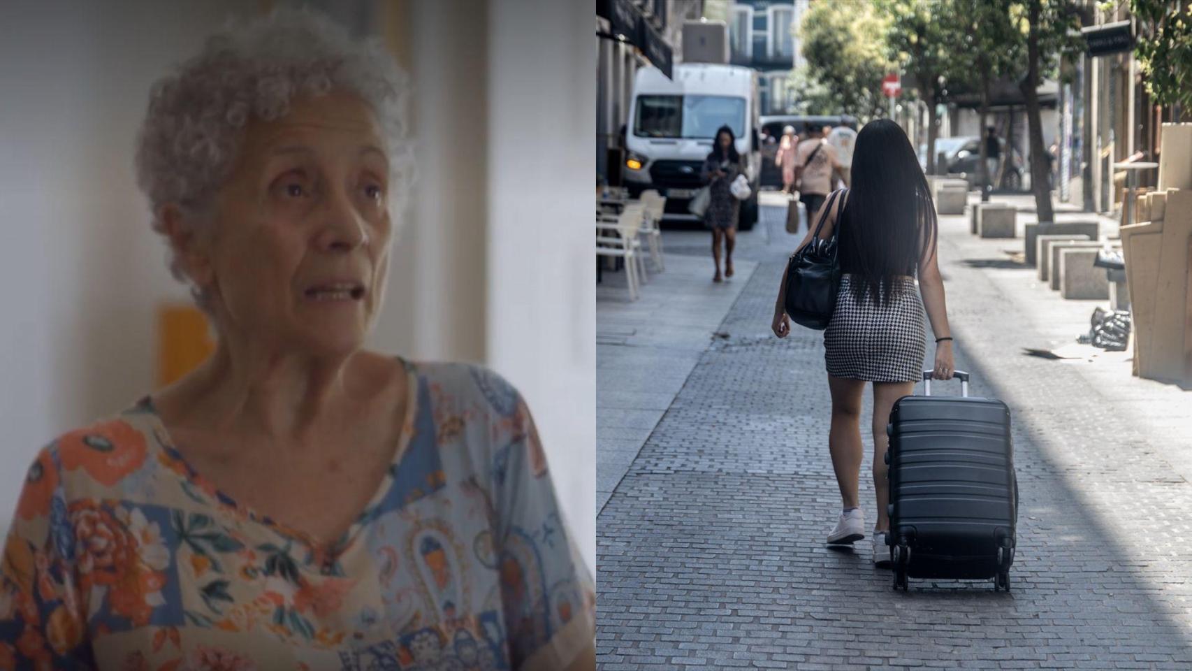 Montaje con una imagen de Merche y de una imagen de archivo de una turista en Madrid.