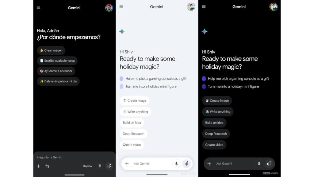 El diseño actual de Gemini (izq) y el nuevo (centro y der)