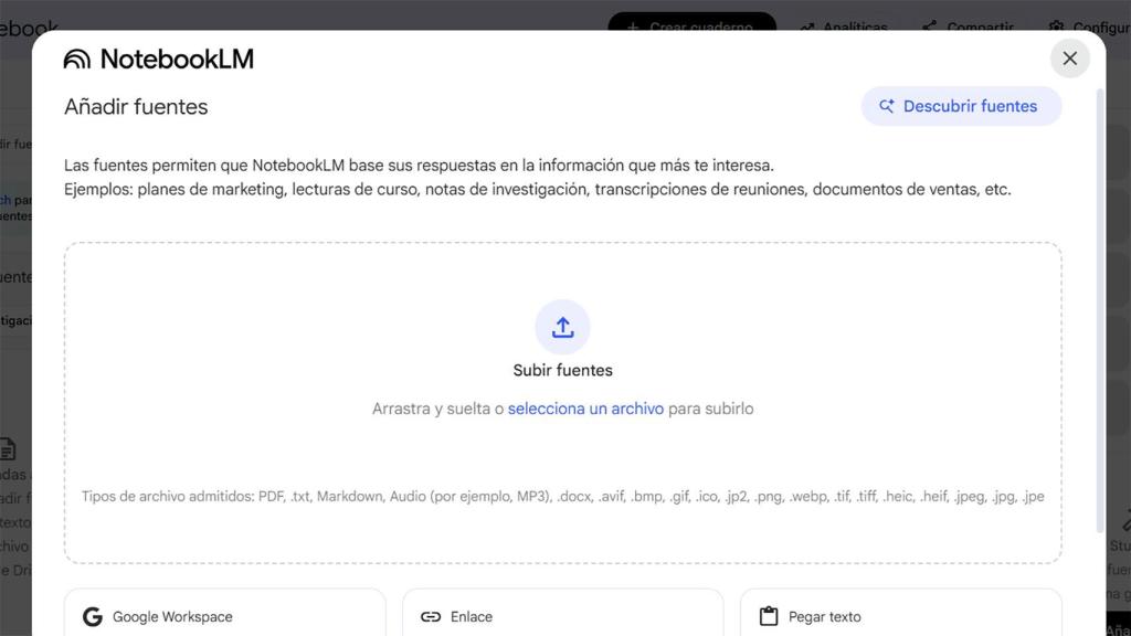 Imagen para añadir fuentes a NotebookLM
