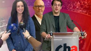 Mara Abengochea (IU), Ricard Mitjana (Podemos) y Jorge Pueyo (CHA).