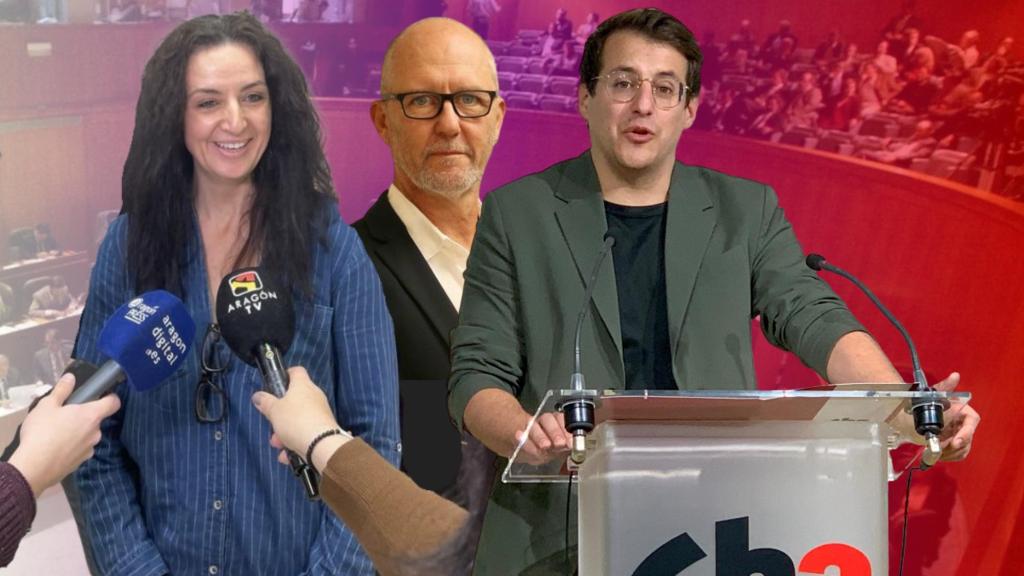 Mara Abengochea (IU), Ricard Mitjana (Podemos) y Jorge Pueyo (CHA).