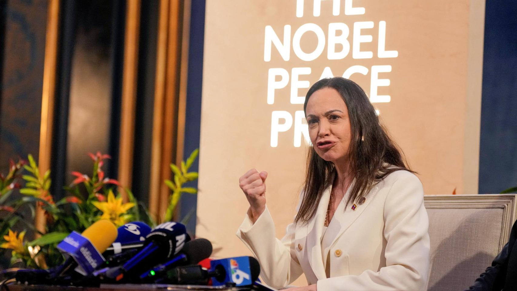 La líder opositora de Venezuela María Corina Machado en una rueda de prensa el pasado 11 de diciembre en Oslo tras recibir el Nobel de la paz.
