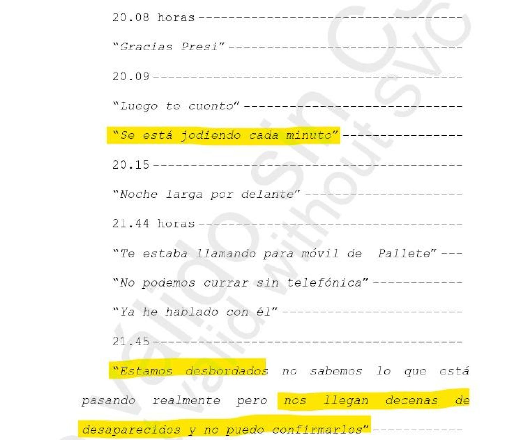 Messages from Mazón to Feijóo on the night of the dana.