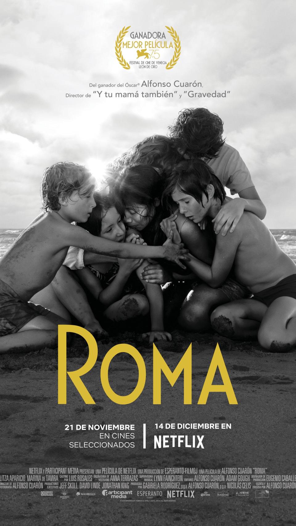 En 'Roma' (2018), el personaje de Cleo, la empleada del hogar, es el que sostiene a toda la familia, como se representa en el póster de la cinta.
