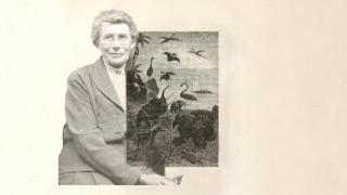 La sismóloga Inge Inge Lehmann junto a la ilustración de Édouard Riou de 'Viaje al centro de la tierra' (1867). Diseño: Rubén Vique