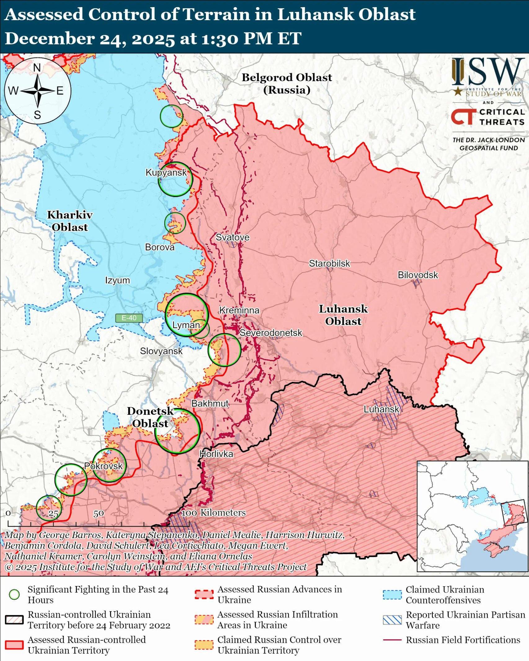 Map of the current state of the front from Kharkiv province to Donbas in the south.