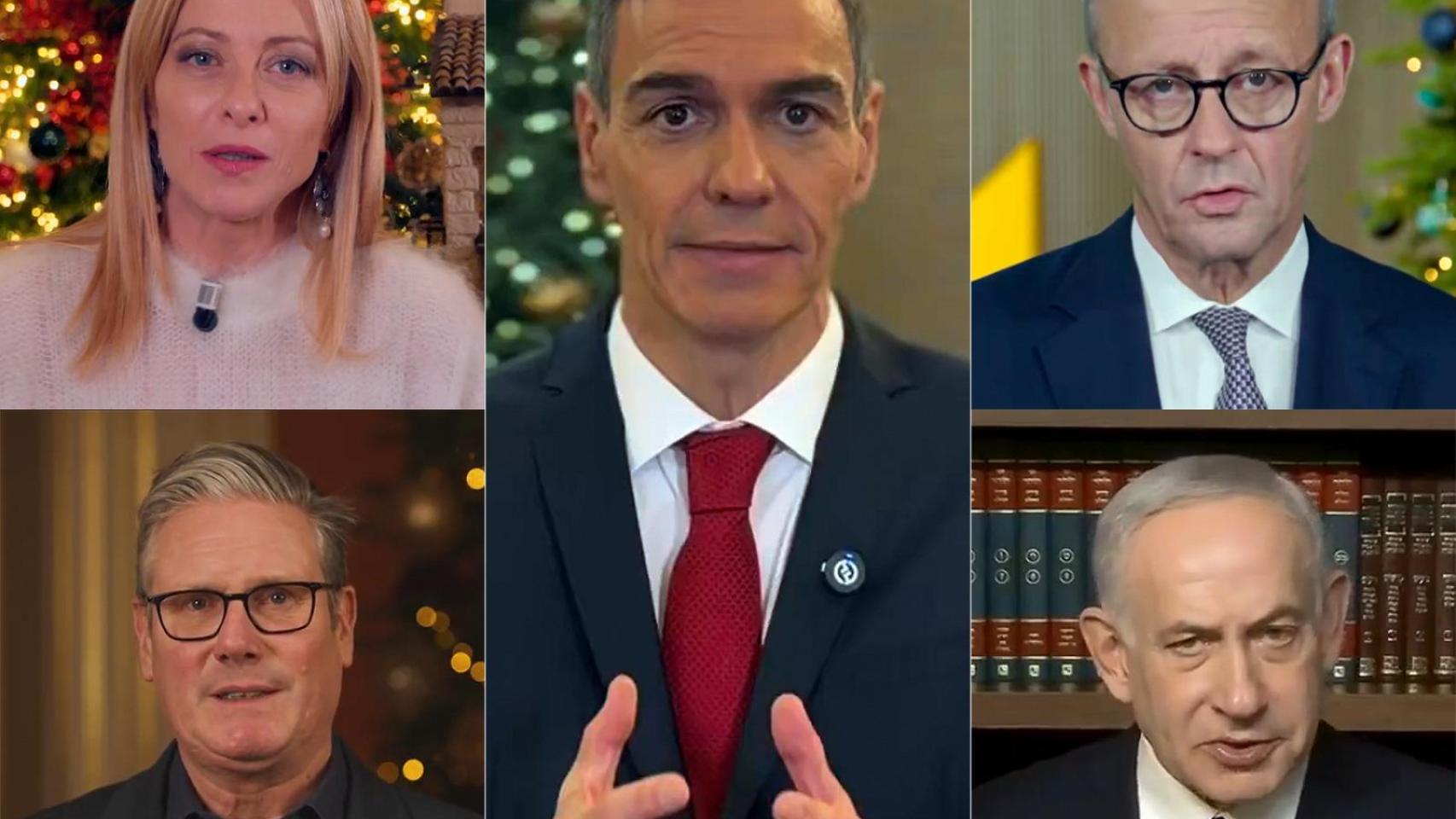 Meloni, Starmer, Merz, Netanyahu y Sánchez, durante sus vídeos navideños.