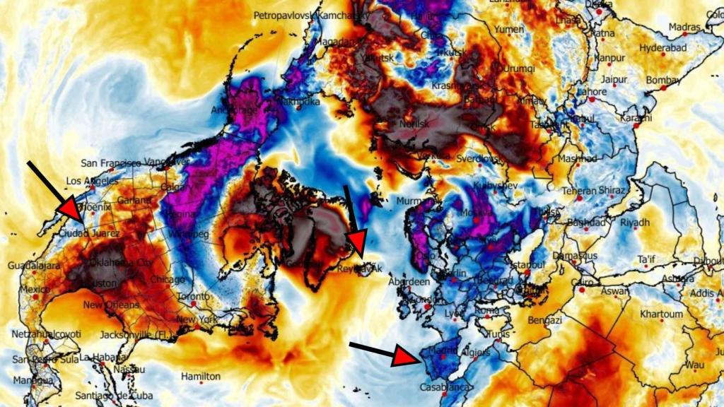 Mapa de anomalias de temperatura no hemisfério norte. WxCharts. com