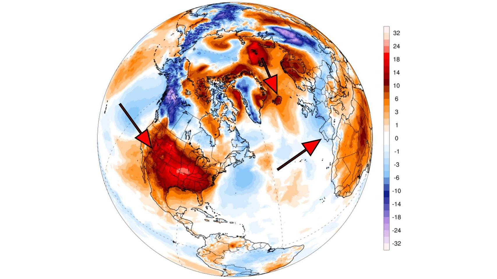 Las anomalías cálidas en América del Norte y el Polo contrastan con las del Mediterráneo. Climate Reanalizer.