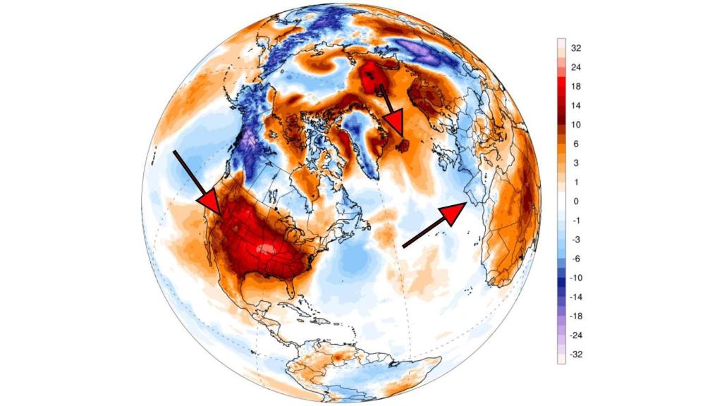 Las anomalías cálidas en América del Norte y el Polo contrastan con las del Mediterráneo. Climate Reanalizer.