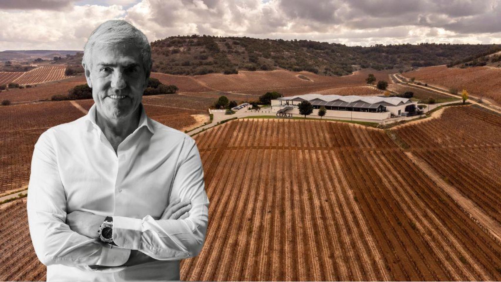 José Moro, en primer término, y al fondo la imagen de la innovadora bodega Cepa 21, en el corazón de la Ribera del Duero
