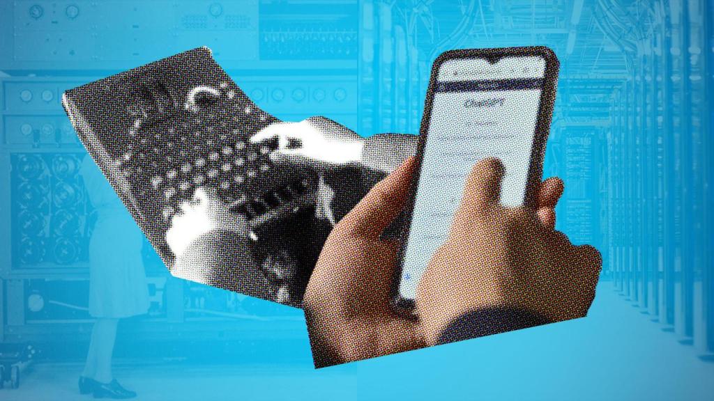 A la izquierda, la máquina Enigma empleada para el cifrado de mensajes del régimen nazi. A la derecha, la aplicación ChatGPT en un dispositivo móvil. Diseño: Rubén Vique