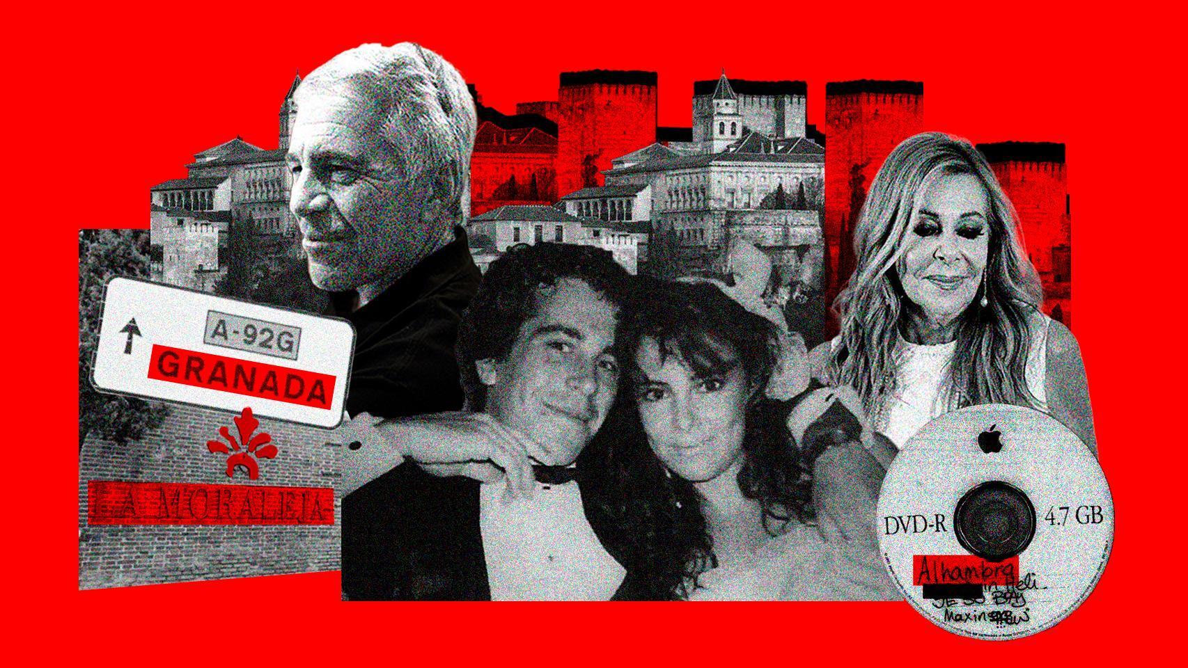Un montaje de Jeffrey Epstein con Ana Obregón, y de fondo, imágenes de La Alhambra y La Moraleja.