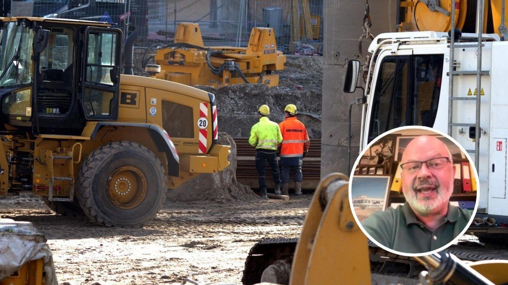 Montaje con José Antonio Beas, gerente de una empresa de grúas y hombres en una construcción (Imagen de archivo).