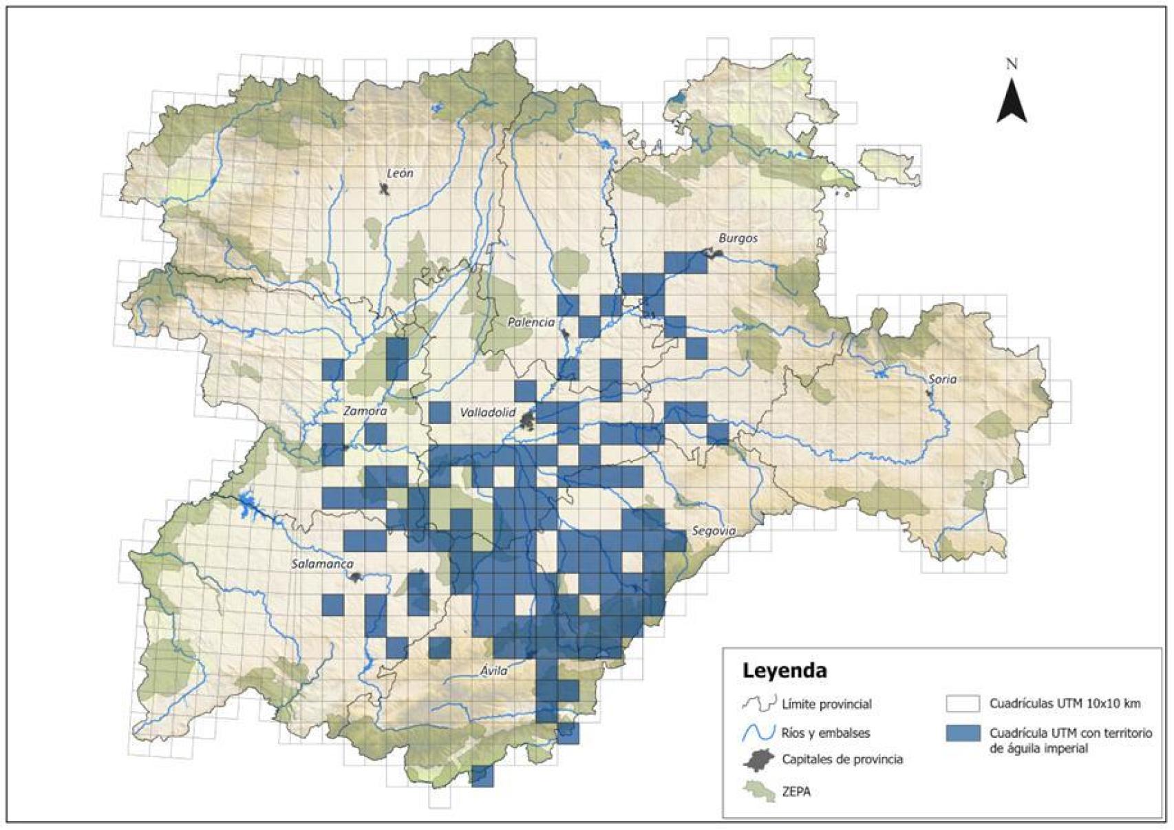 Mapa de las zonas donde se encuentra el águila imperial ibérica en Castilla y León