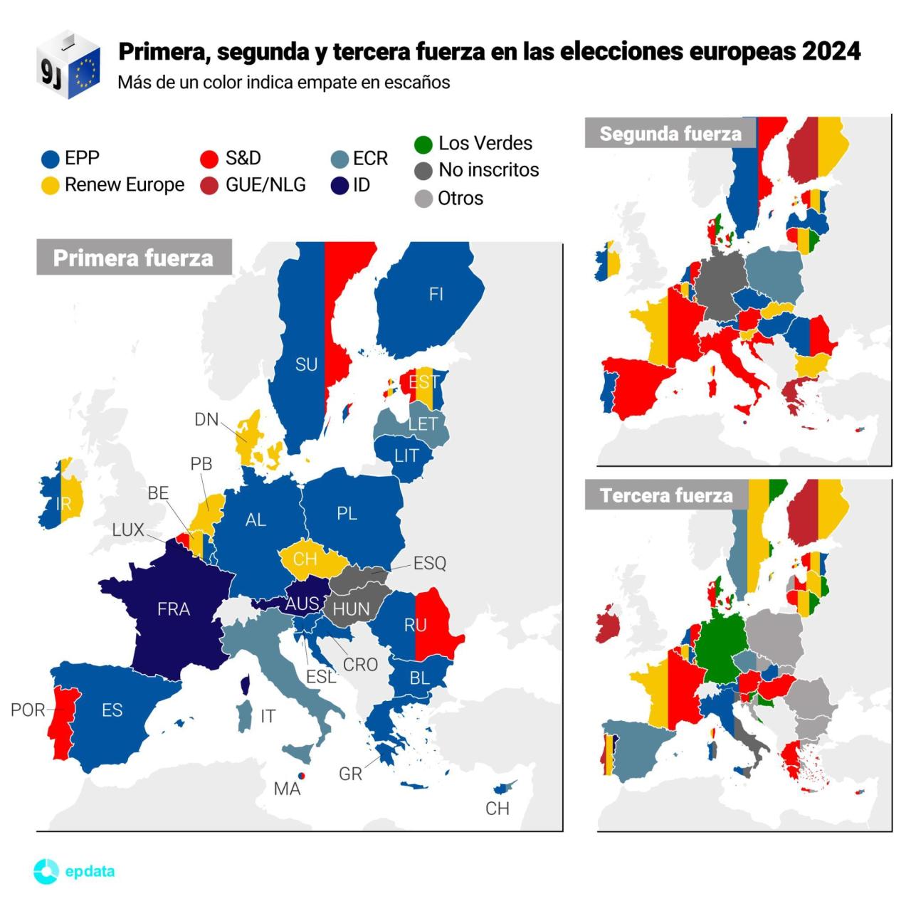Os partidos com mais votos em cada país nas eleições europeias de 2024.