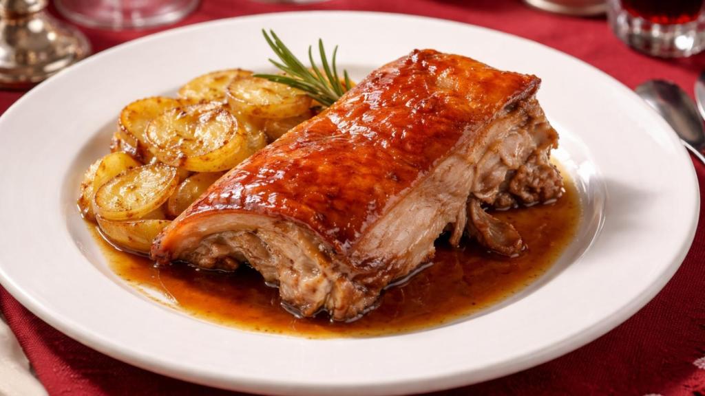 Una ración de cochinillo asado lista para comer