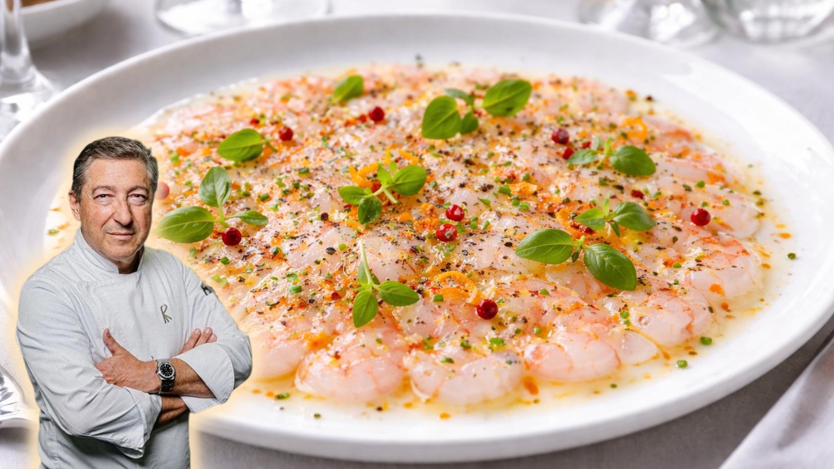 Un plato con carpaccio de gambas y el chef Joan Roca en un montaje de El Español