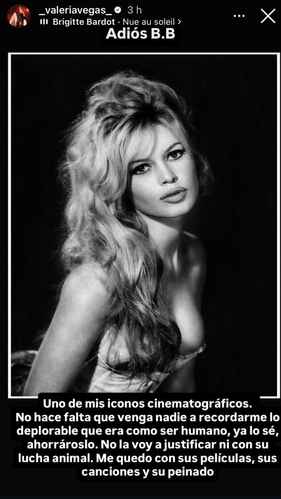 La despedida de Valeria Vegas a Brigitte Bardot en Instagram.