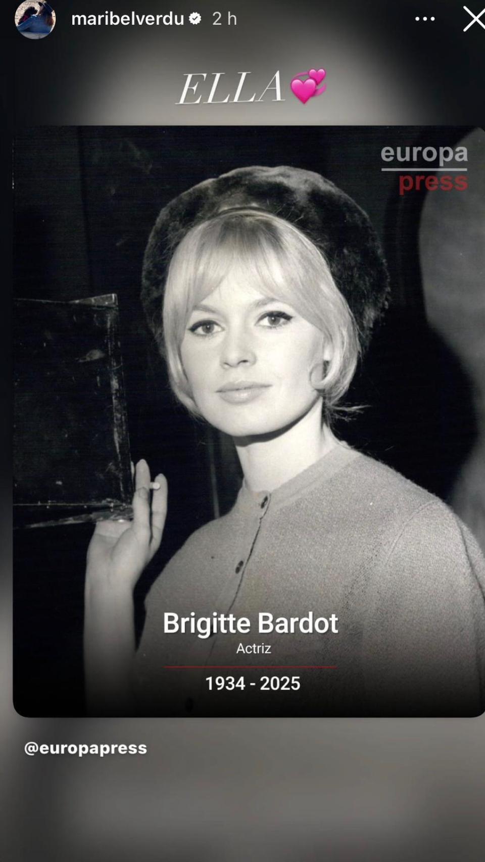 La despedida de Maribel Verdú a Brigitte Bardot en Instagram.
