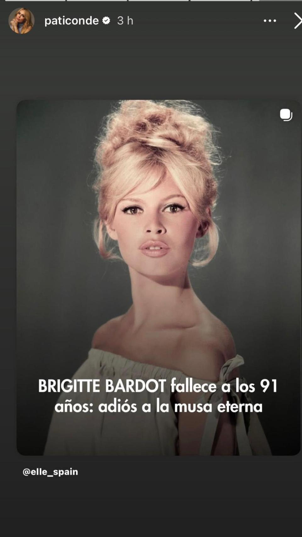 La despedida de Patricia Conde a Brigitte Bardot en Instagram.