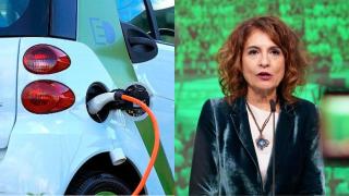 Montaje con una imagen de un vehículo eléctrico y una imagen de la ministra María Jesús Montero.
