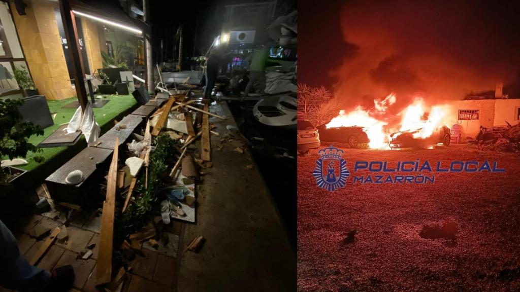 Una terraza destrozada en Mazarrón por una manga marina. Al lado, dos coches calcinados.