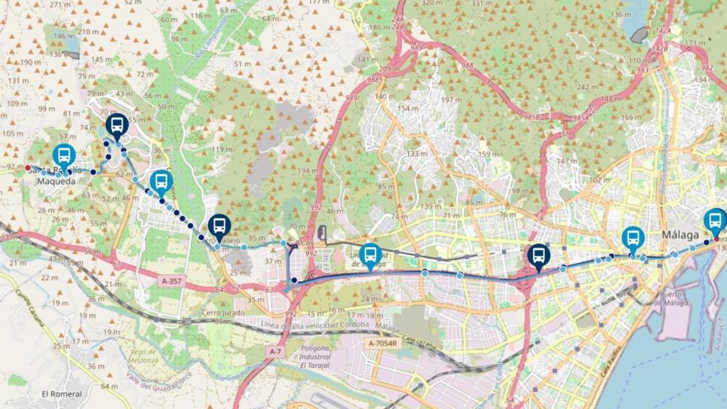 Recorrido actual de la línea 25 de la EMT entre el Paseo del Parque y el PTA.