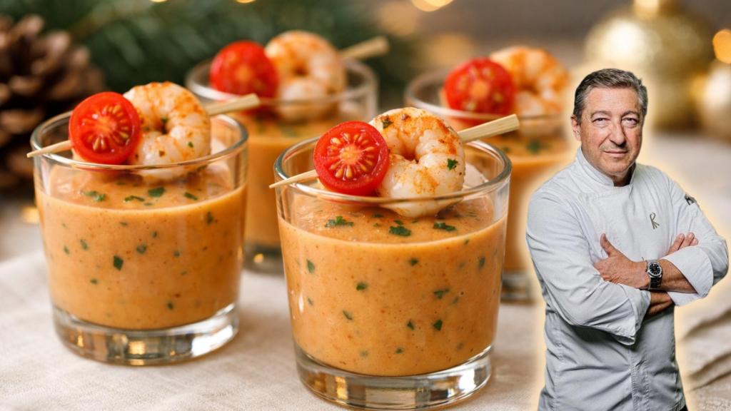 Vasitos de crema de marisco y Joan Roca en un montaje de El Español