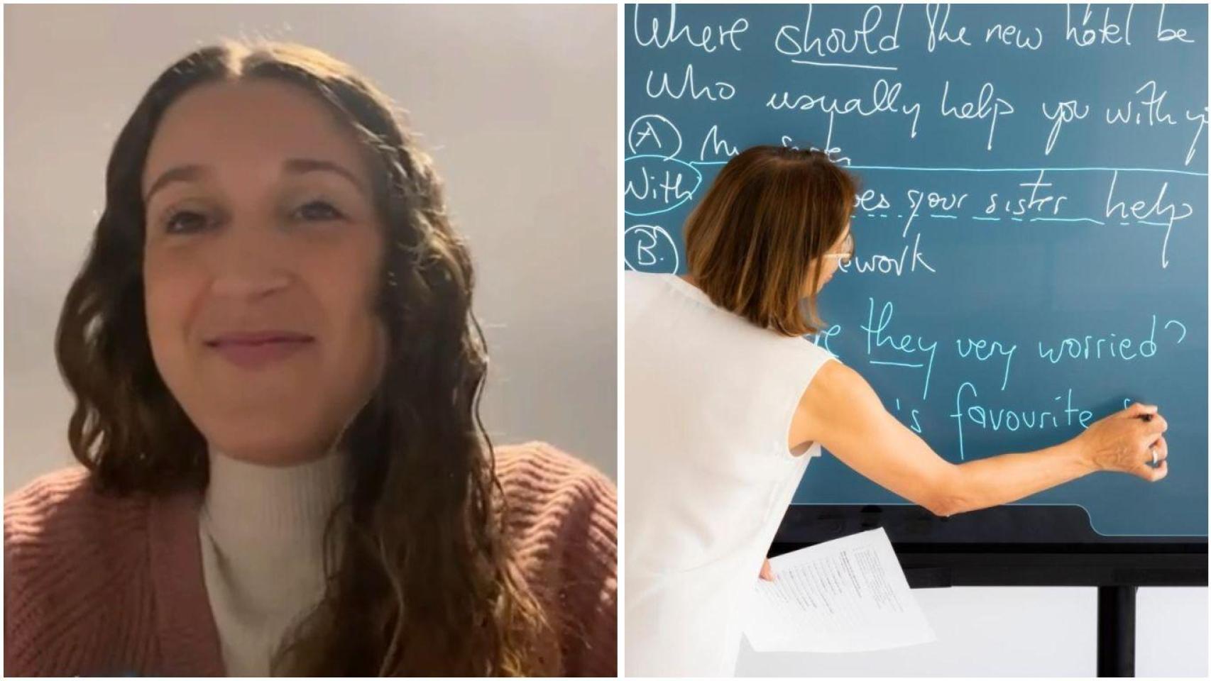 Montaje de Iris y una imagen de archivo de una profesora de inglés.