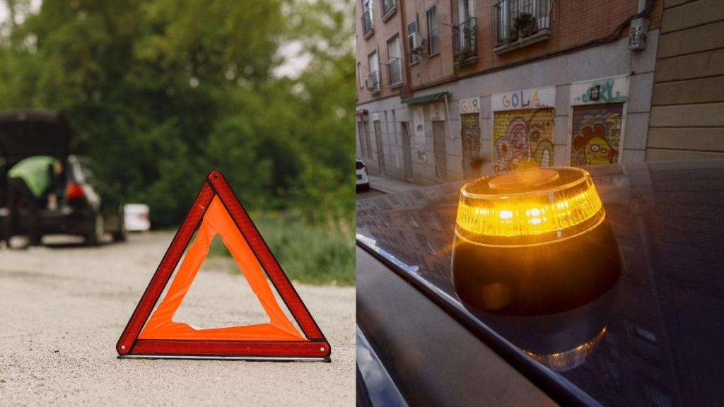 Montaje con una imagen de un triángulo y una baliza V16.