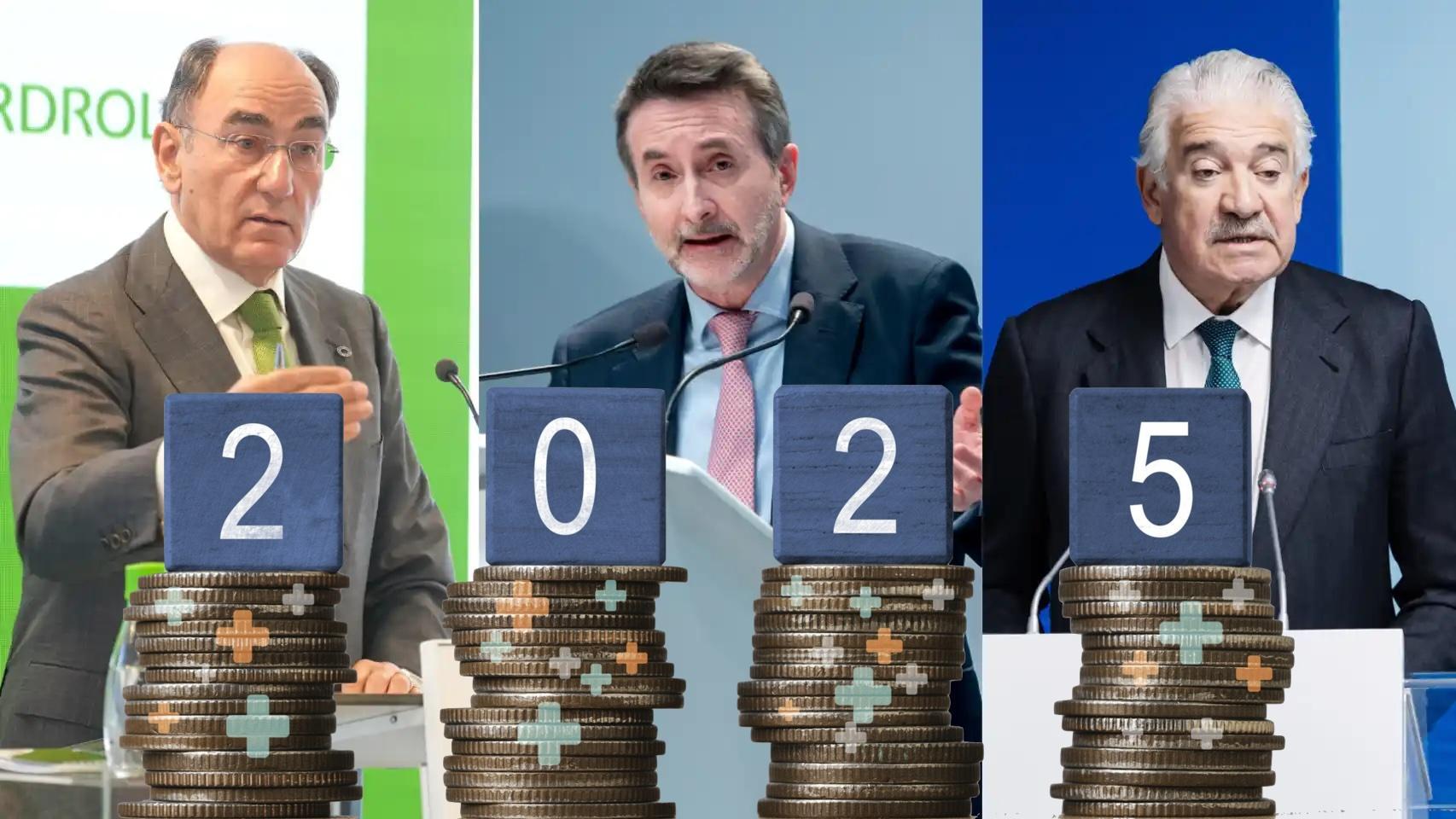 Fotomontaje de unas monedas junto al presidente ejecutivo del Grupo Iberdrola, Ignacio Sánchez Galán, el CEO de Repsol, Josu Jon Imaz, y su homólogo de Endesa, José Bogas.