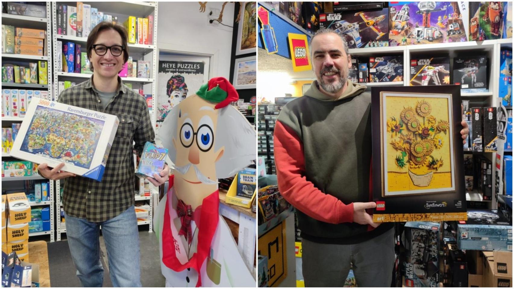 Luis Castro, a la izquierda, y José Manuel López, a la derecha, en sus tiendas: Dr. Panush y Juega Bien.