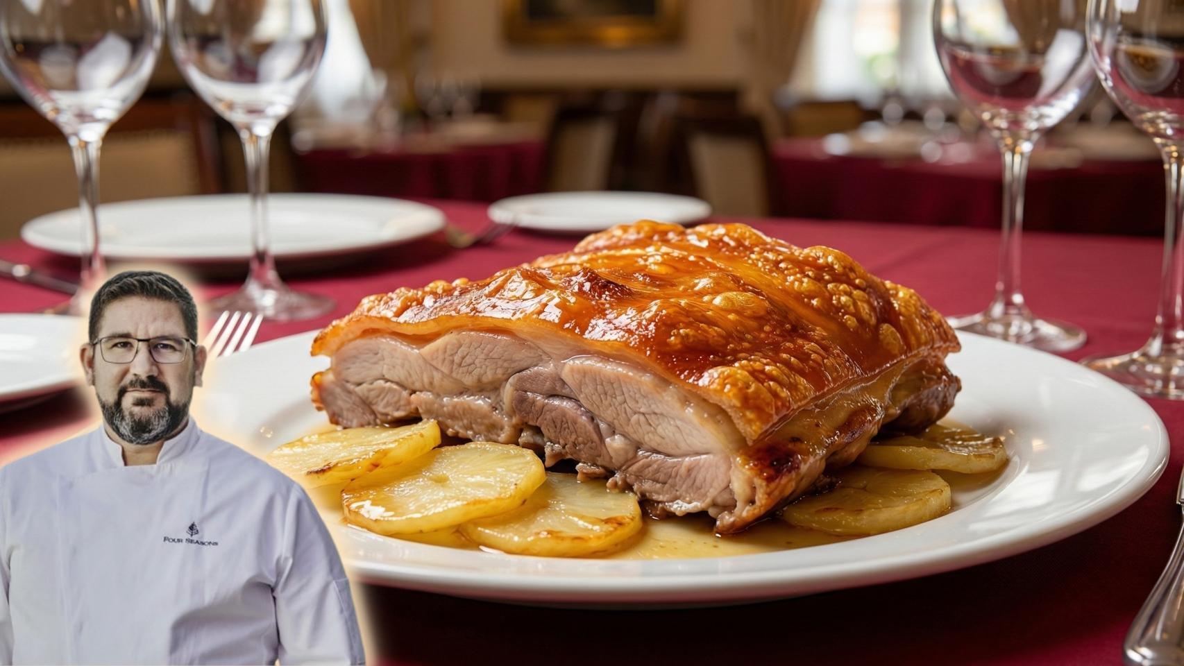 Un cochinillo asado con la piel muy crujiente y Dani García en un montaje