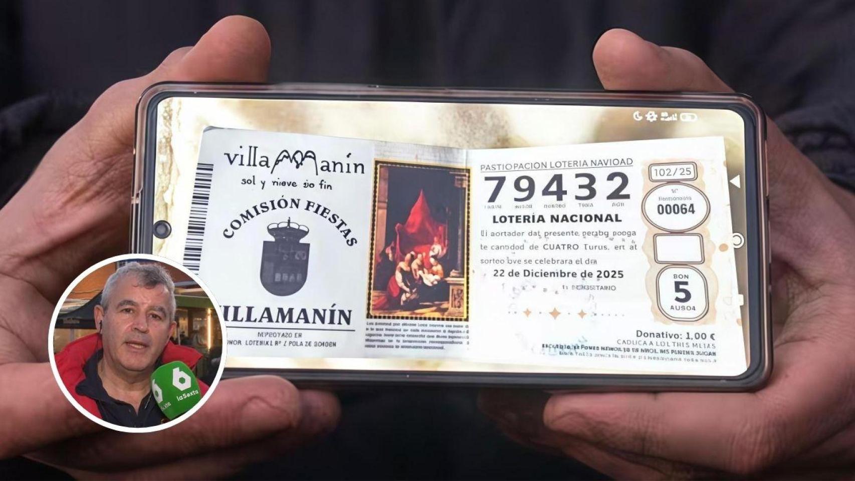 Montaje con Ezequiel, dueño de Casa Ezequiel, y el número 79.432, agraciado con el Gordo de la Lotería de Navidad