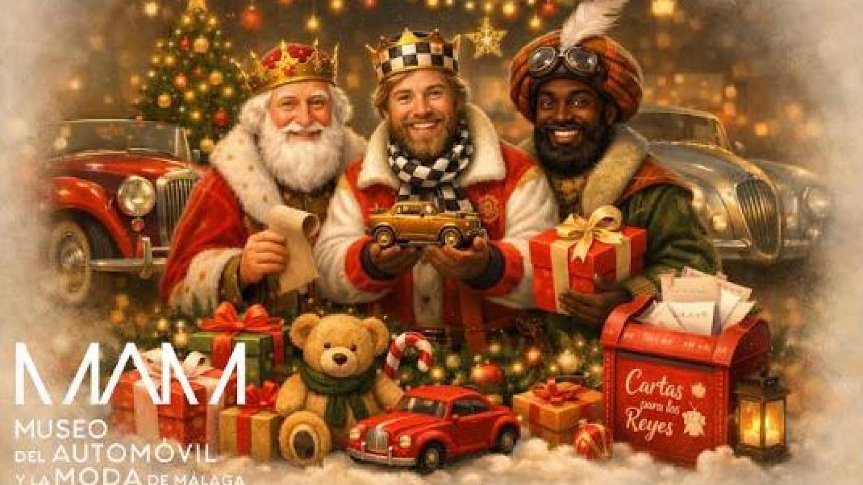 Cartel de los Reyes Magos en el Museo del Automóvil y la Moda de Málaga.