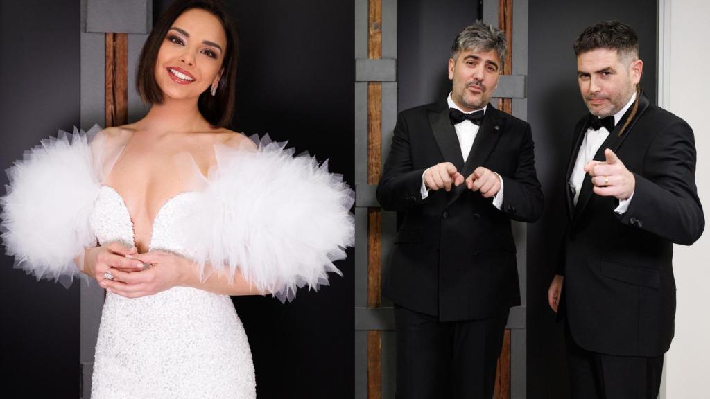 Chenoa y los hermanos David y José Muñoz -Estopa- con los diseños de Alejandro de Miguel y Félix Ramiro.