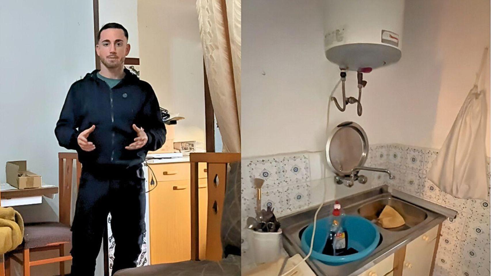 Montaje con Raúl, propietario e inversor inmobiliario y la cocina del piso comprado por 6.000 euros.