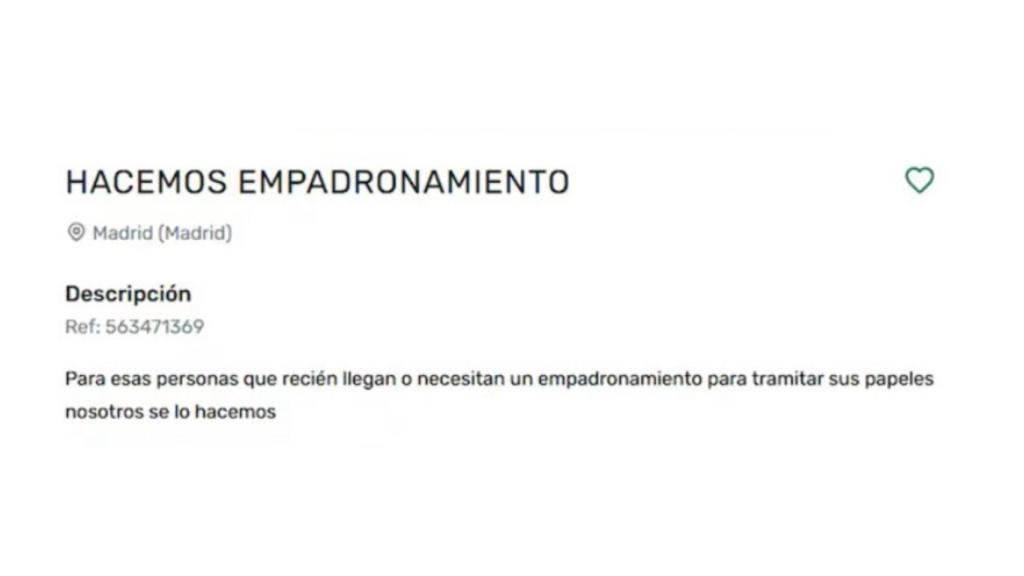 Anuncio de venta de empadronamientos en el portal 'milanuncios'.