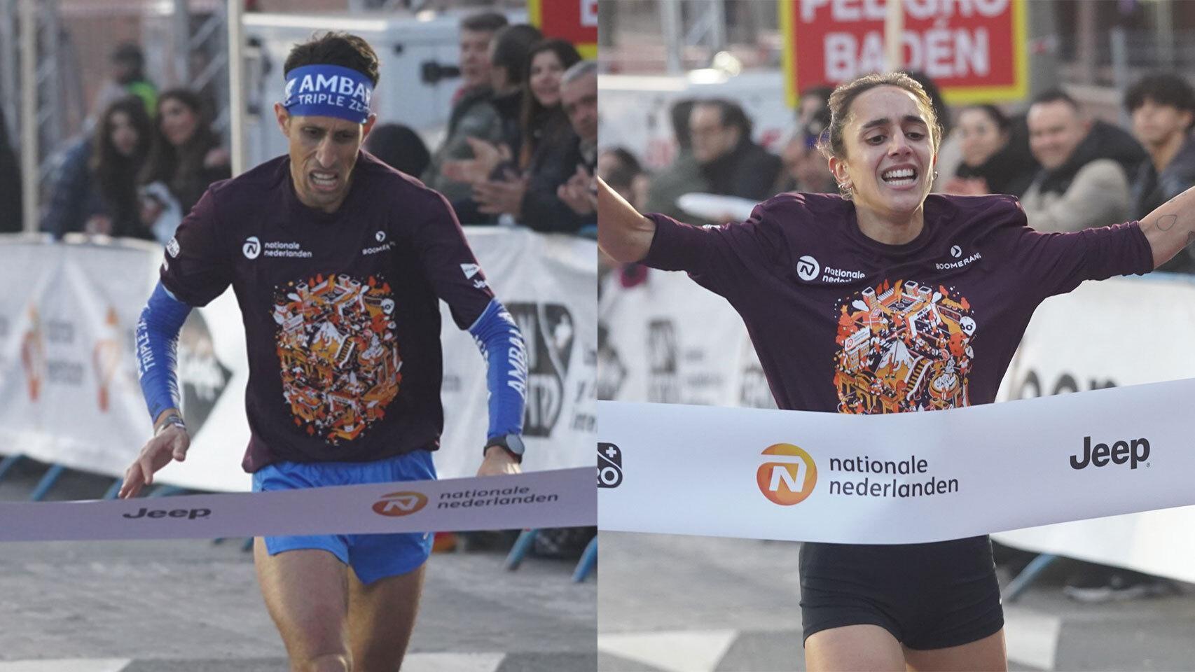 Mohameh Massat y María Moreno, los ganadores de la San Silvestre Vallecana popular.