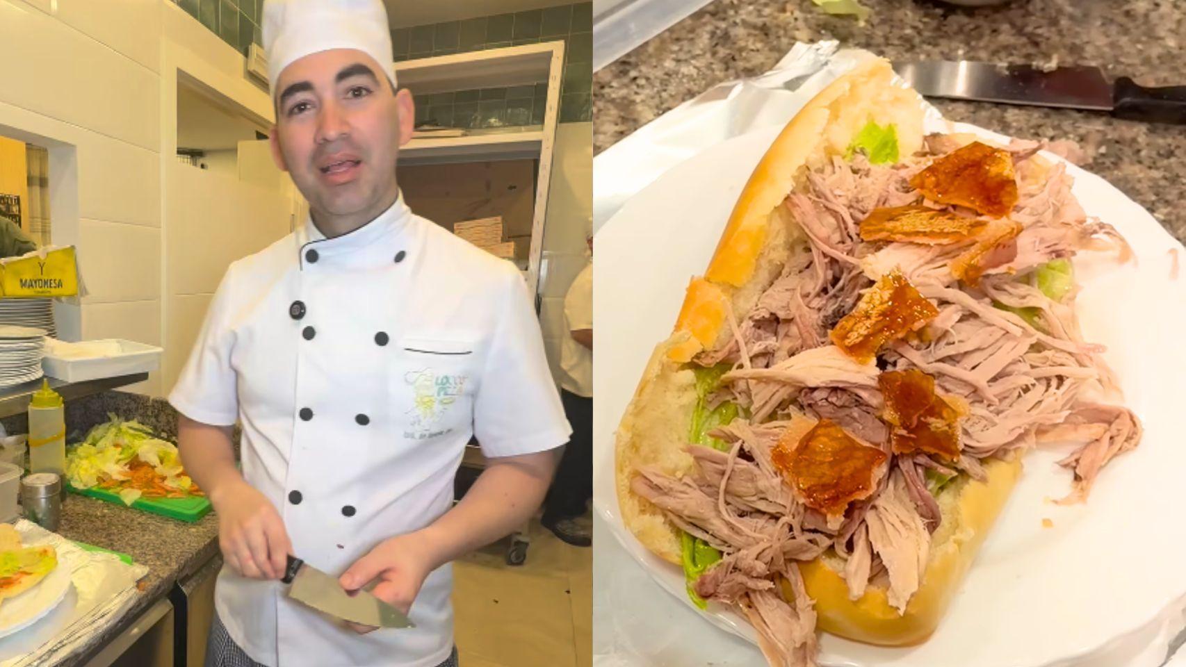 Elder Alonso y su bocadillo de cerdo asado en un montaje de El Español