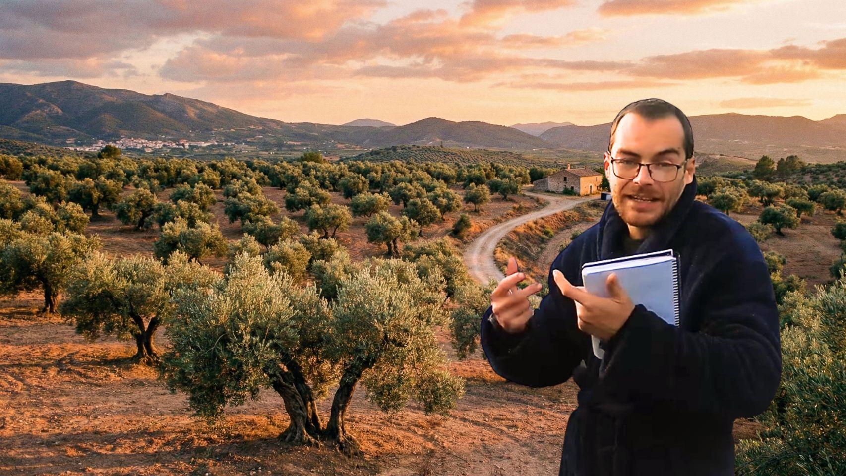 Alberto (35), agricultor, sobre un fondo de un campo de olivos