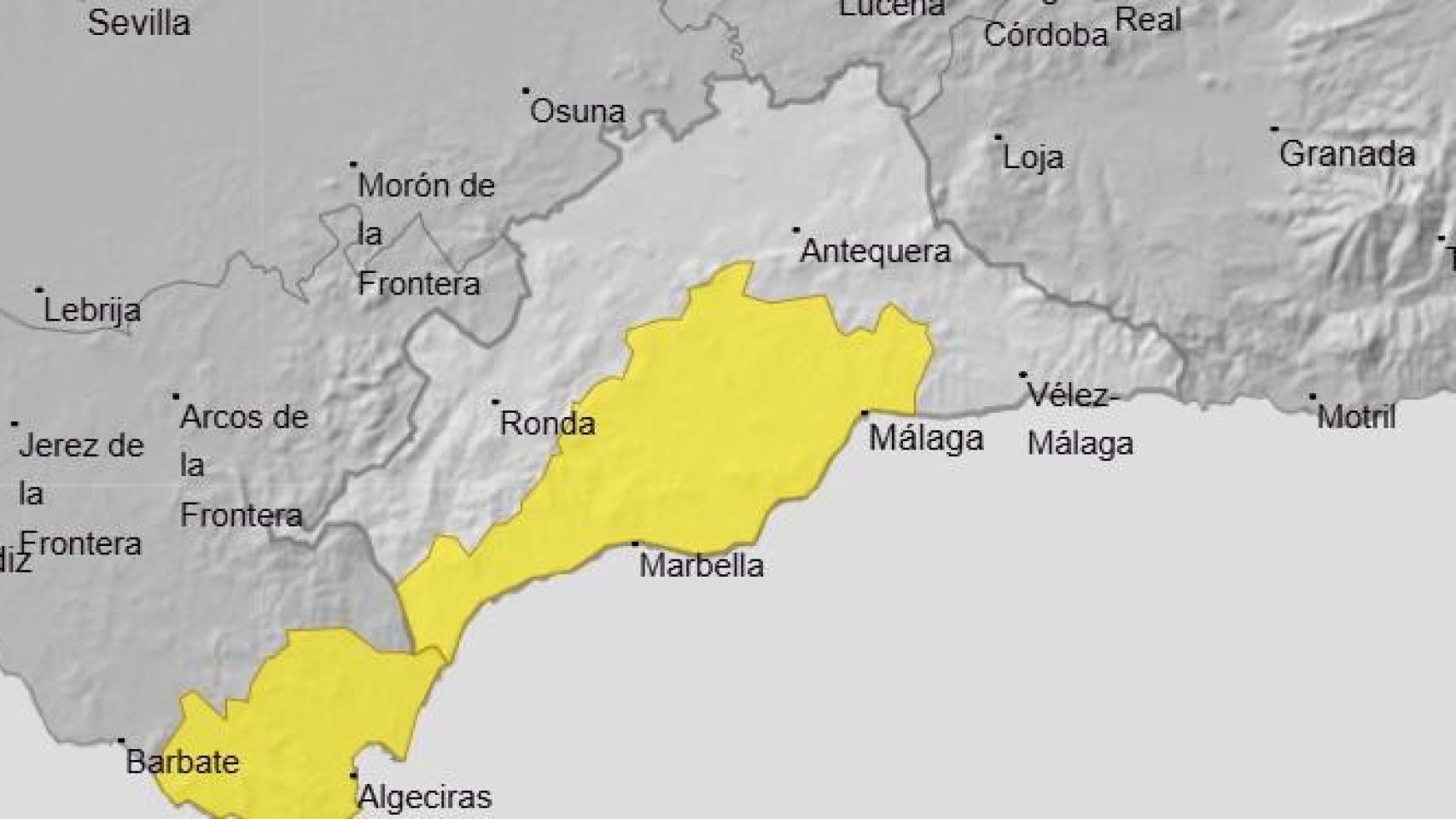 El mapa de avisos de la Aemet de este domingo en Málaga.