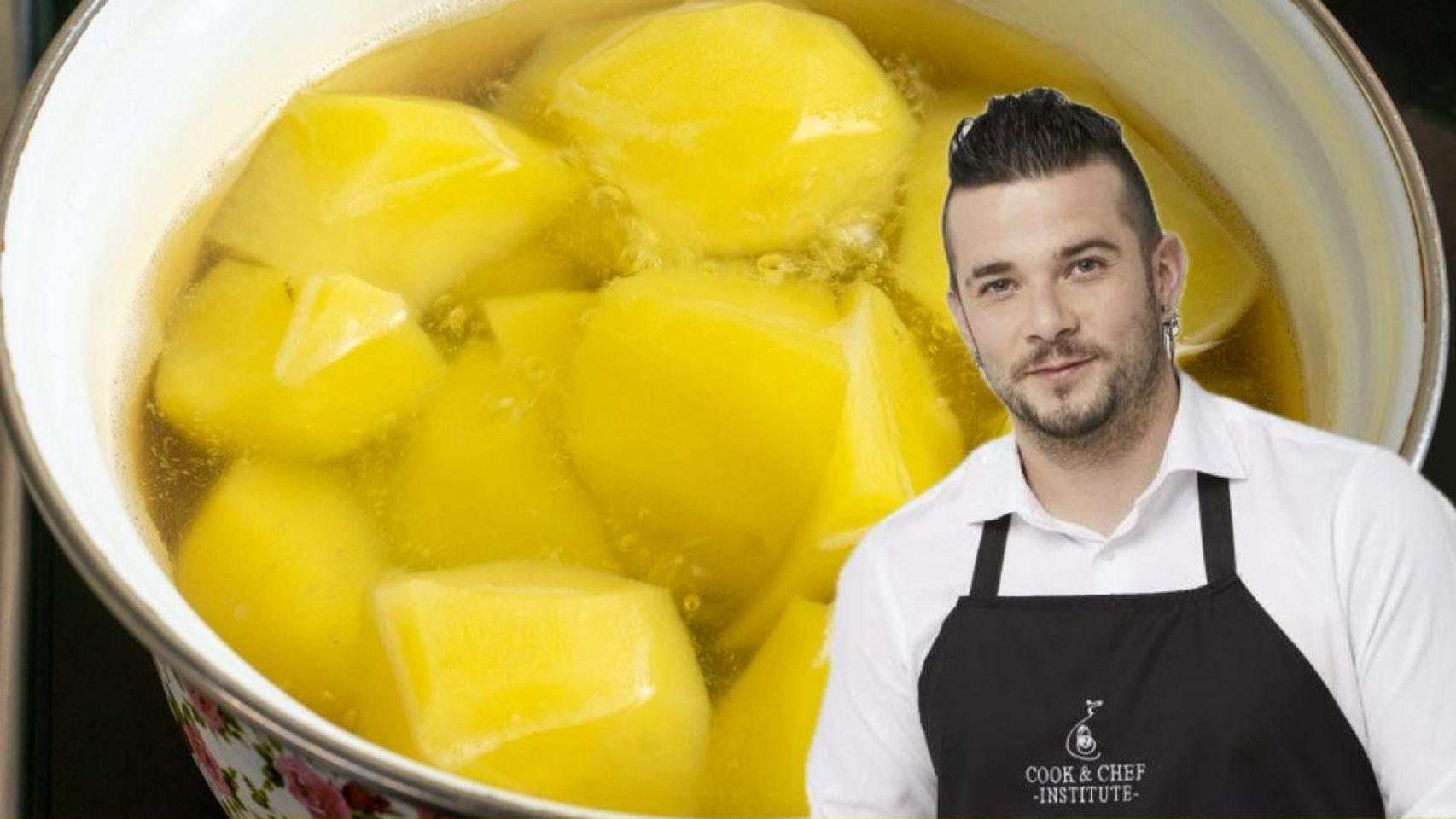 Carlos Maldonado junto a unas patatas cociéndose.