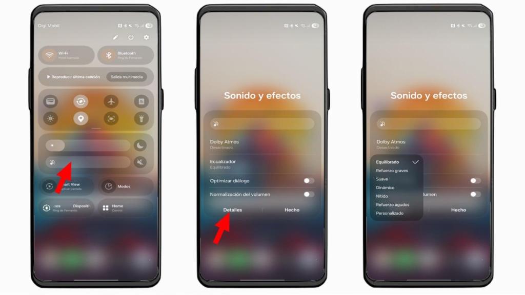 Ajustes de sonido en panel rápido