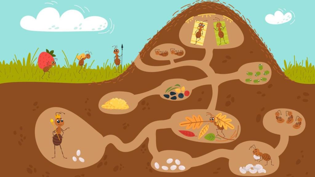 Ilustración de un hormiguero de dibujos animados.