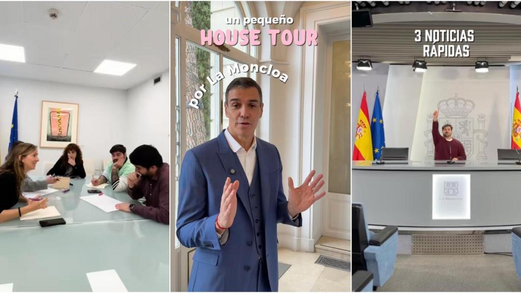 Capturas de pantalla de las cuentas de TikTok de La Moncloa y Pedro Sánchez. En ellas aparecen, además del presidente del Gobierno, algunos de los asesores de comunicación.