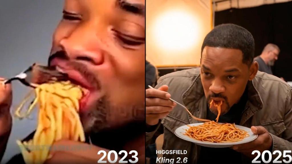Imagen del vídeo de Will Smith comiendo spaguetti en 2023 al mismo en 2025