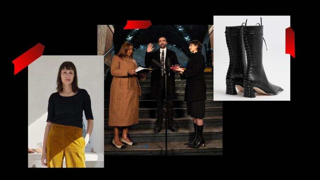 En el centro, Zohran Mamdani y Rama Duwaji en el acto de investidura para la alcaldía de Nueva York; a la derecha, las botas de la firma española que vistió la primera dama; a la izquierda, Laura Villasenin, fundadora de la firma española de zapatos.